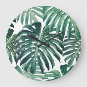 Tropische Dschungelblätter Floraler Hintergrund Große Wanduhr