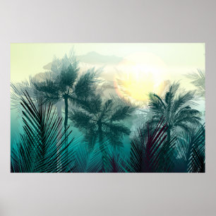 Tropische Dschungellandschaft mit Palmen und Blätt Poster