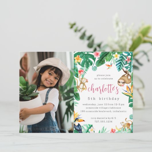 Tropische Dschungeltiere Tiere Kindergeburtstag Fo Einladung (Stehend Vorderseite)