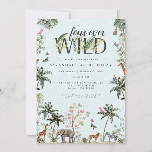 Tropische Dschungeltiere | Vier Ever Wild Einladung (Vorderseite)