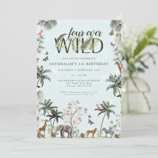 Tropische Dschungeltiere | Vier Ever Wild Einladung (Stehend Vorderseite)