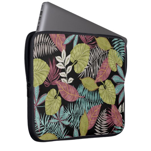 Tropische dunkle Blätter: Textilmuster-Design Laptopschutzhülle (Vorne Rechts)