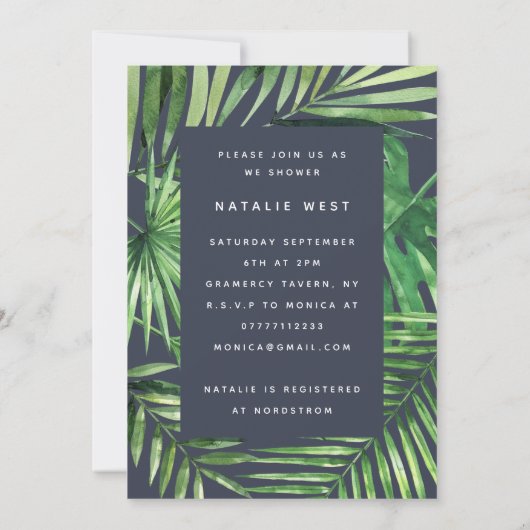 Tropische Duschkarte aus Palmblättern und Goldschr Save The Date (Rückseite)