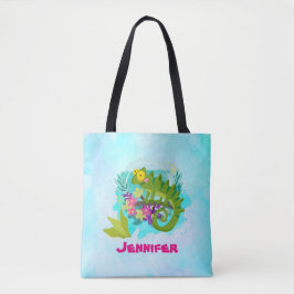 Tropische Eidechse mit Blume auf Türkisblau Tasche