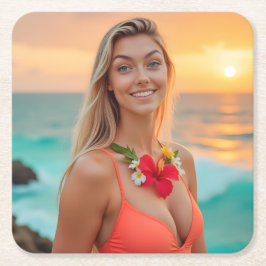 Tropische Eleganz: Helenas Bikini-Fotoshooting Rechteckiger Pappuntersetzer