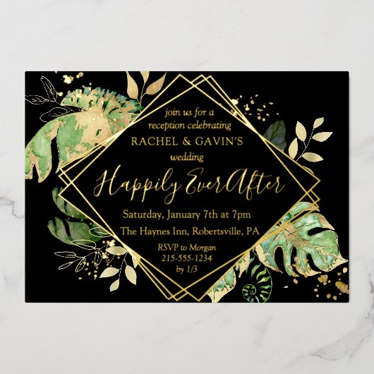 Tropische Elopement Hochzeitsempfang Black & Gold Folieneinladung (Vorderseite)