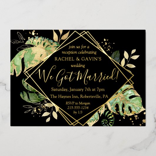 Tropische Elopement Hochzeitsempfang Black & Gold Folieneinladung (Vorderseite)