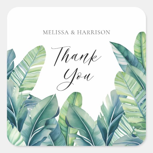 Tropische Exotic Foliage Blätter Hochzeitsszenario Quadratischer Aufkleber (Vorderseite)