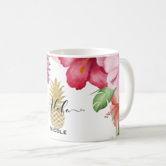 Tropische exotische Blume und Ananas Kaffeetasse (VorderseiteRechts)