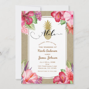 Tropische exotische Blumen Goldene Ananas Aloha Lu Einladung