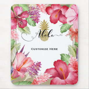 Tropische exotische Blumen & goldene Ananas Aloha Mousepad