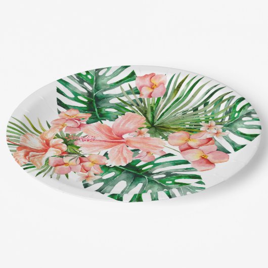 Tropische exotische Dschungel-Hibiskus-Blumen Pappteller (Schrägansicht)