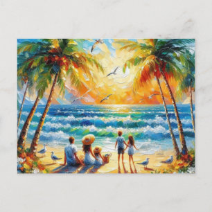 Tropische Familienstrand-Sonnenuntergangs-Ölgemäld Postkarte