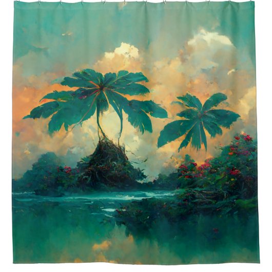 Tropische Fantasy Sea & Palm Trees Duschvorhang (Vorderseite)