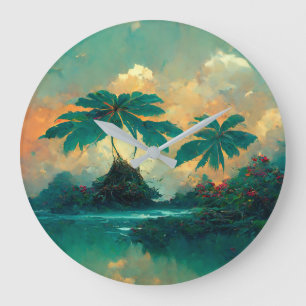 Tropische Fantasy Sea & Palm Trees Große Wanduhr