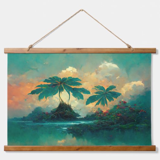 Tropische Fantasy Sea & Palm Trees Wandteppich Mit Holzrahmen (Vorne)