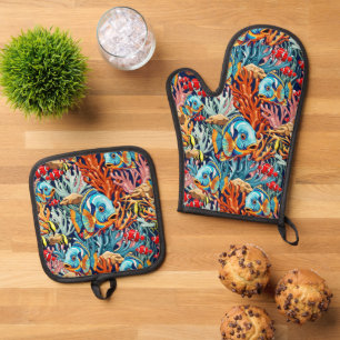 Tropische Fisch Bunte Sommer Stimmung Ofenhandschuh & Topflappen-Set