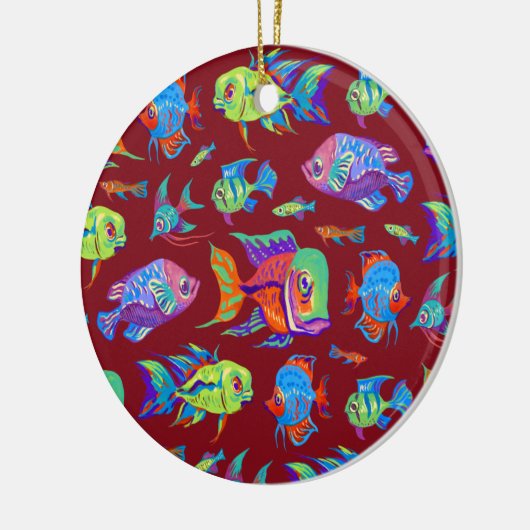 Tropische Fische in dunkelrot vergnügen Keramik Ornament (Links)