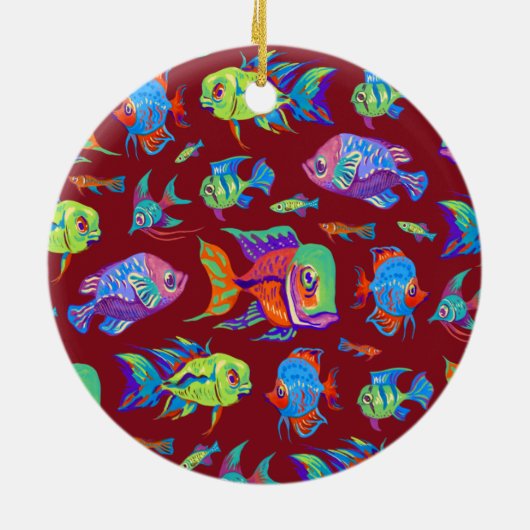 Tropische Fische in dunkelrot vergnügen Keramik Ornament (Hinten)