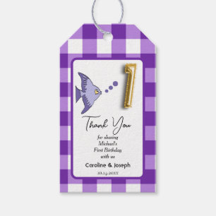Tropische Fische, Lila Gingham Geburtstags Dankesc Geschenkanhänger