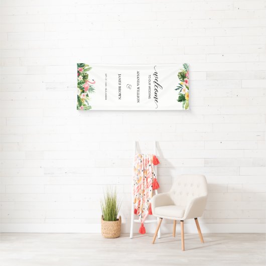 Tropische Flamingo & Blätter Script Wedding Willko Banner (Insitu)