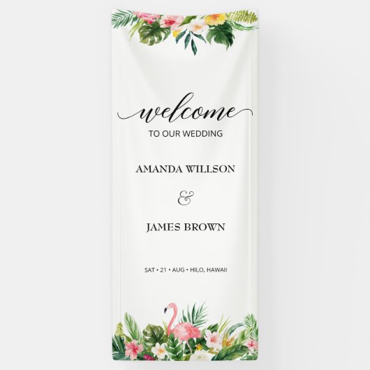 Tropische Flamingo & Blätter Script Wedding Willko Banner (Vertikal)