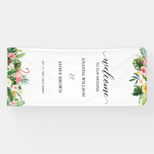 Tropische Flamingo & Blätter Script Wedding Willko Banner (Horizontal)