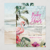 Tropische Flamingo-Palmen Baby-Dusche Einladung (Vorne/Hinten)
