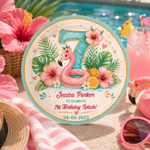 Tropische Flamingo-Poolparty 7. Geburtstagssplash Runder Aufkleber