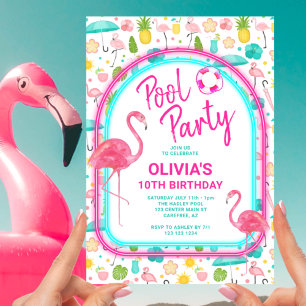 Tropische Flamingo-Poolparty-Geburtstagsfeier Einladung