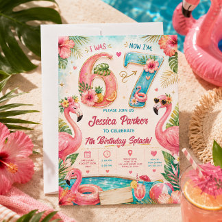 Tropische Flamingo-Poolparty zum 7. Geburtstag Spl Einladung