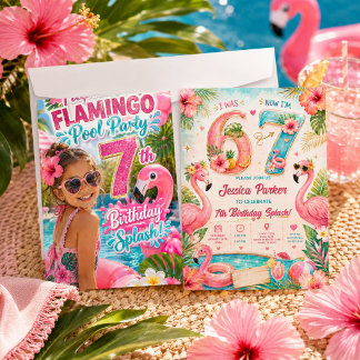 Tropische Flamingo-Poolparty zum 7. Geburtstag Spl Einladung