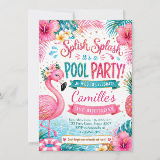 Tropische Flamingo-Splash-Poolparty-Geburtstagsfei Einladung