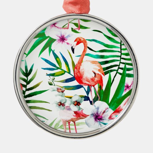 Tropische Flamingokunst Silbernes Ornament (Vorne)