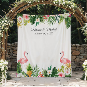 Tropische Flamingos Hochzeits-Fotobooth-Hintergrun Wandteppich