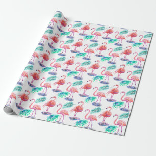 Tropische Flamingos: Orchideen Wasserfarbe Nahtlos Geschenkpapier