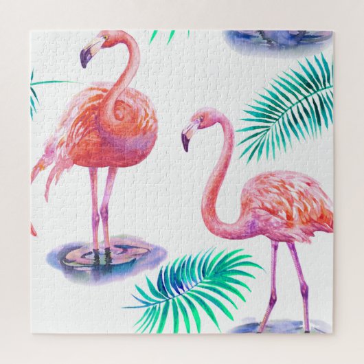 Tropische Flamingos: Orchideen Wasserfarbe Nahtlos Puzzle (Vertikal)
