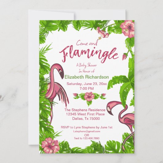 Tropische Flamingos und Blume Einladung (Vorderseite)