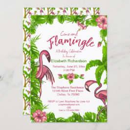 Tropische Flamingos und Blume Einladung