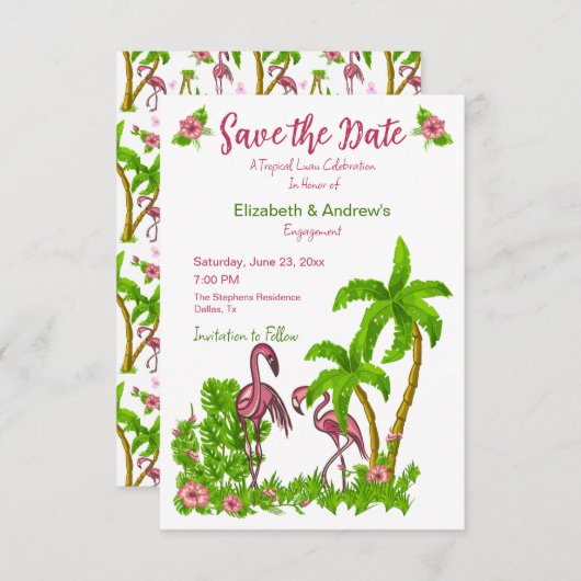 Tropische Flamingos und Blume Save the Date Invit Einladung (Vorne/Hinten)