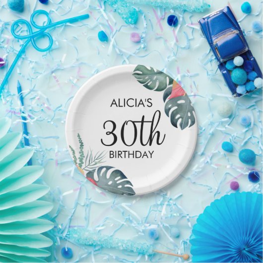 Tropische Flora Rosa Anthurium & Monstera Geburtst Pappteller (Party)