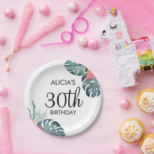 Tropische Flora Rosa Anthurium & Monstera Geburtst Pappteller (Party)