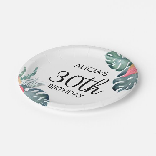 Tropische Flora Rosa Anthurium & Monstera Geburtst Pappteller (Schrägansicht)