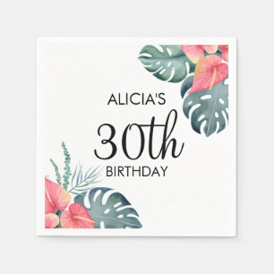Tropische Flora Rosa Anthurium & Monstera Geburtst Serviette