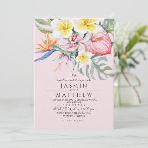 Tropische Florale Botanische Rosafarbene Hochzeit Einladung