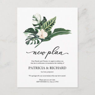 Tropische florale Hochzeit Verschiebung Neuer Plan Postkarte