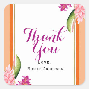 Tropische Florale Korallen Orange & Gold Partygesc Quadratischer Aufkleber