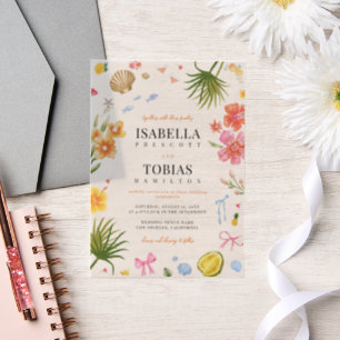 Tropische Florale & Muschel-Küsten-Vellum-Hochzeit Pergament Einladungen
