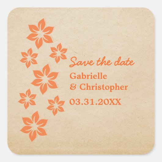 Tropische florale Save the Date Sticker, Orange Quadratischer Aufkleber (Vorderseite)