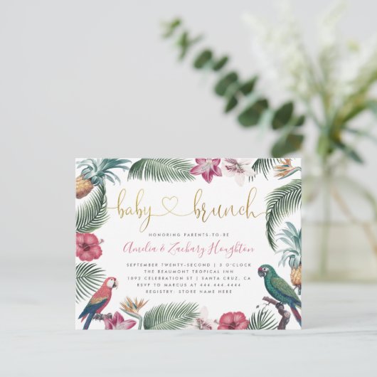 Tropische Foliage & Blume Gold Baby Brunch Dusche Einladungspostkarte (Stehend Vorderseite)